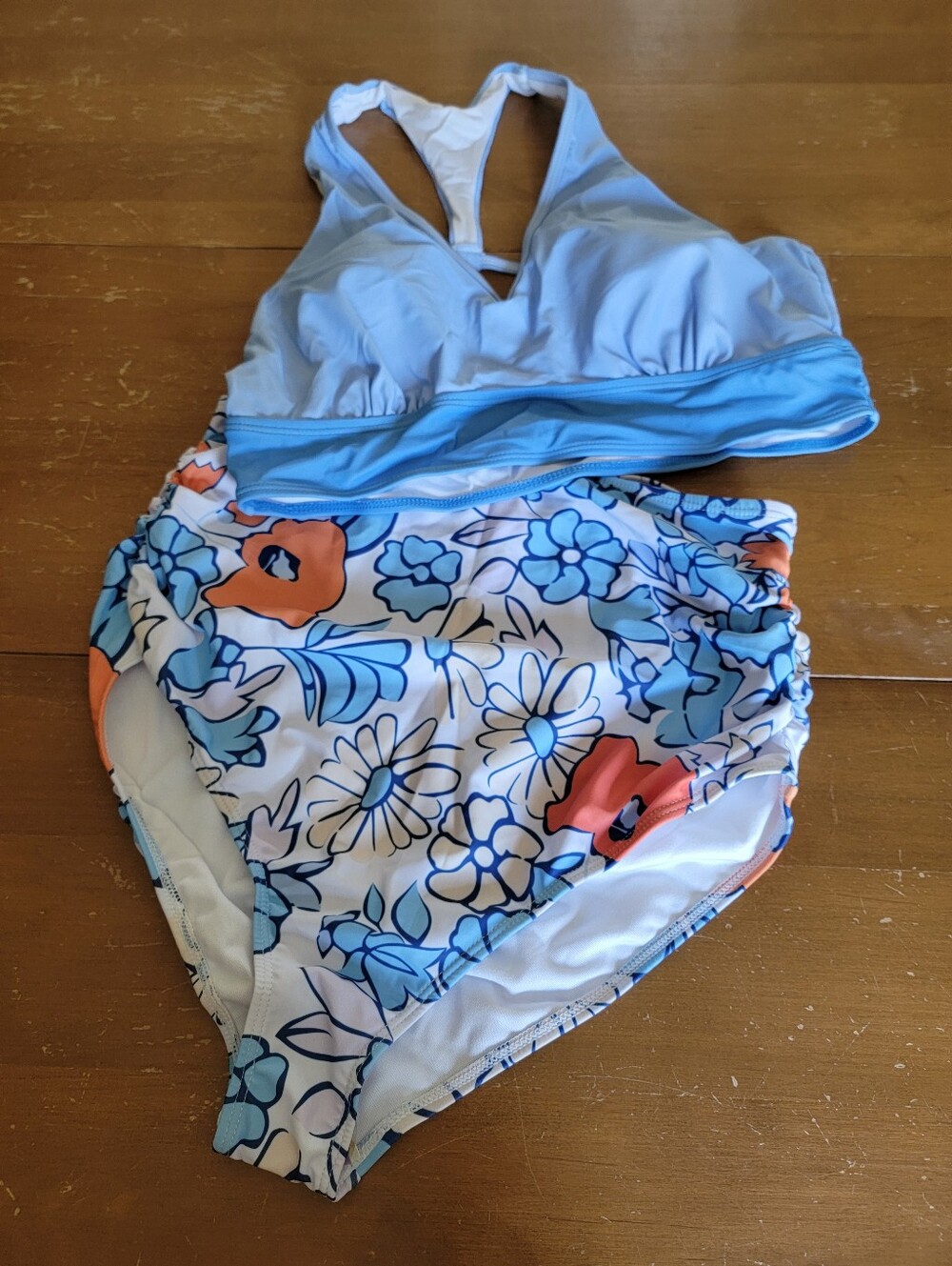 Womens Blue Floral High-Waist Swim Set - Light Blue Top & Multi Floral Bottom L